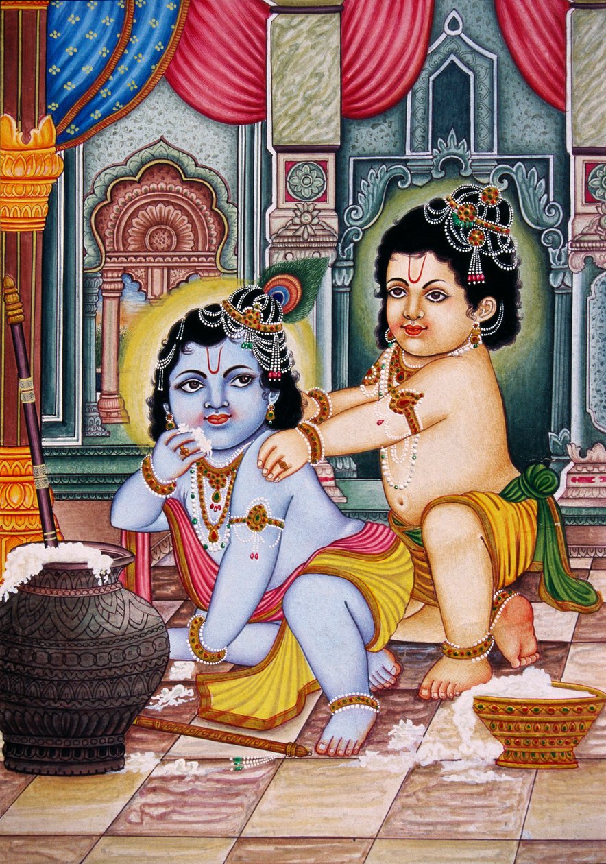 Bal Krishna med Balram Miniaturemaleri på papir af School Indian