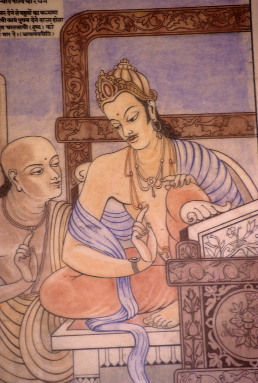 Chanakya og kong Chandragupta (akvarel på papir) af School Indian