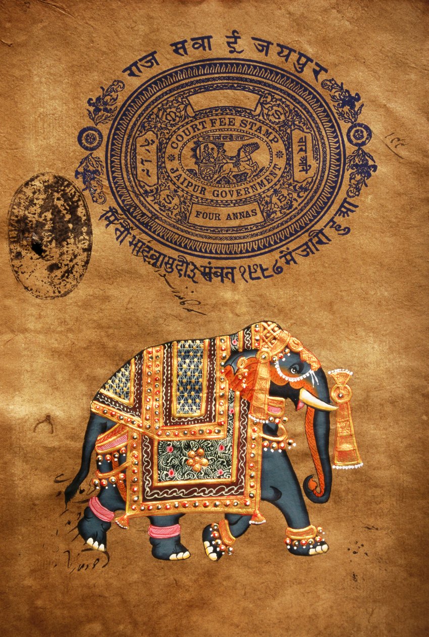 Elefant, håndlavet maleri og gammelt stempelpapir, Jaipur, Rajasthan, Indien af School Indian