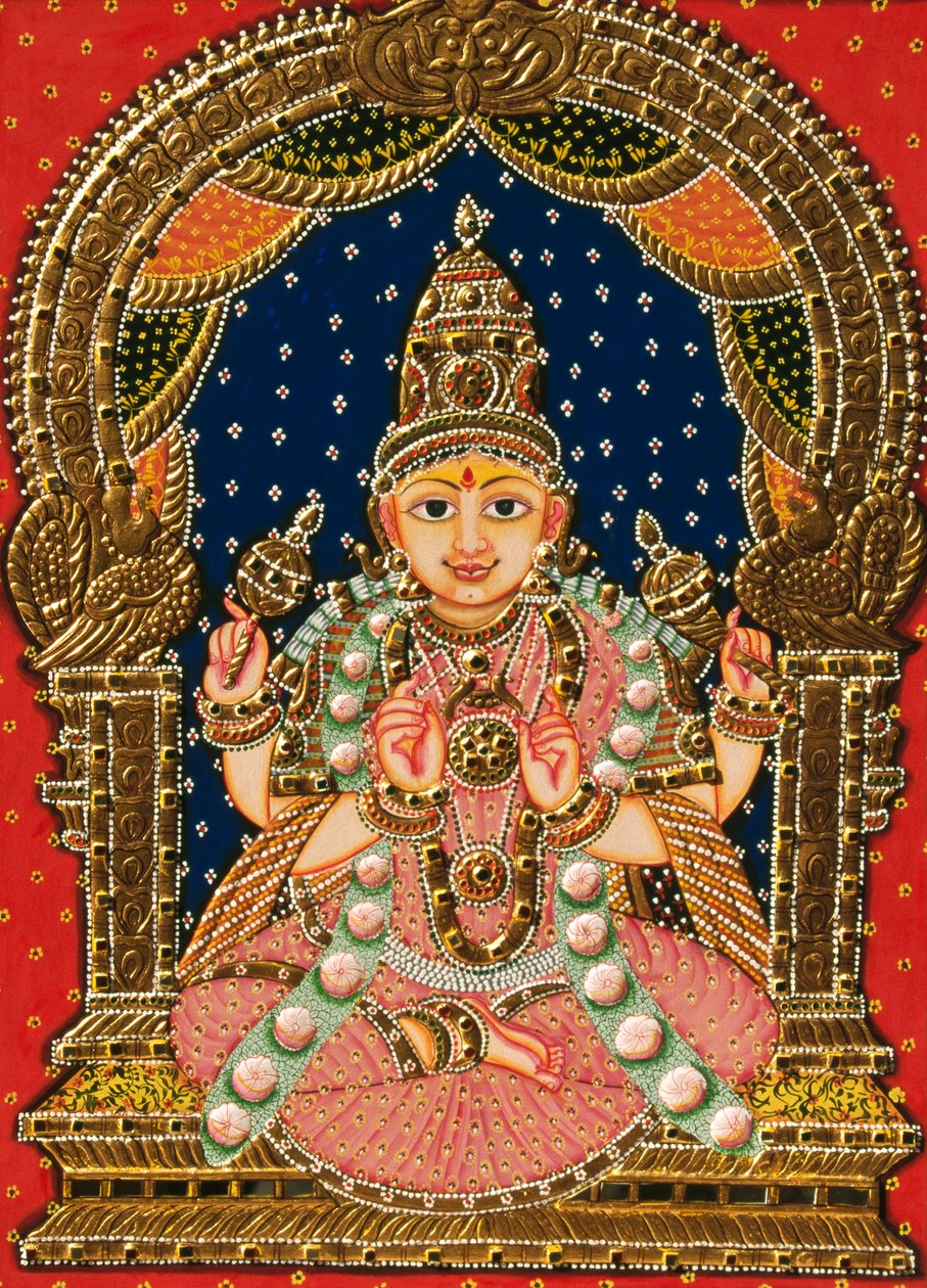 Prægning af gudinden Saraswati, Tanjore-maleri af School Indian