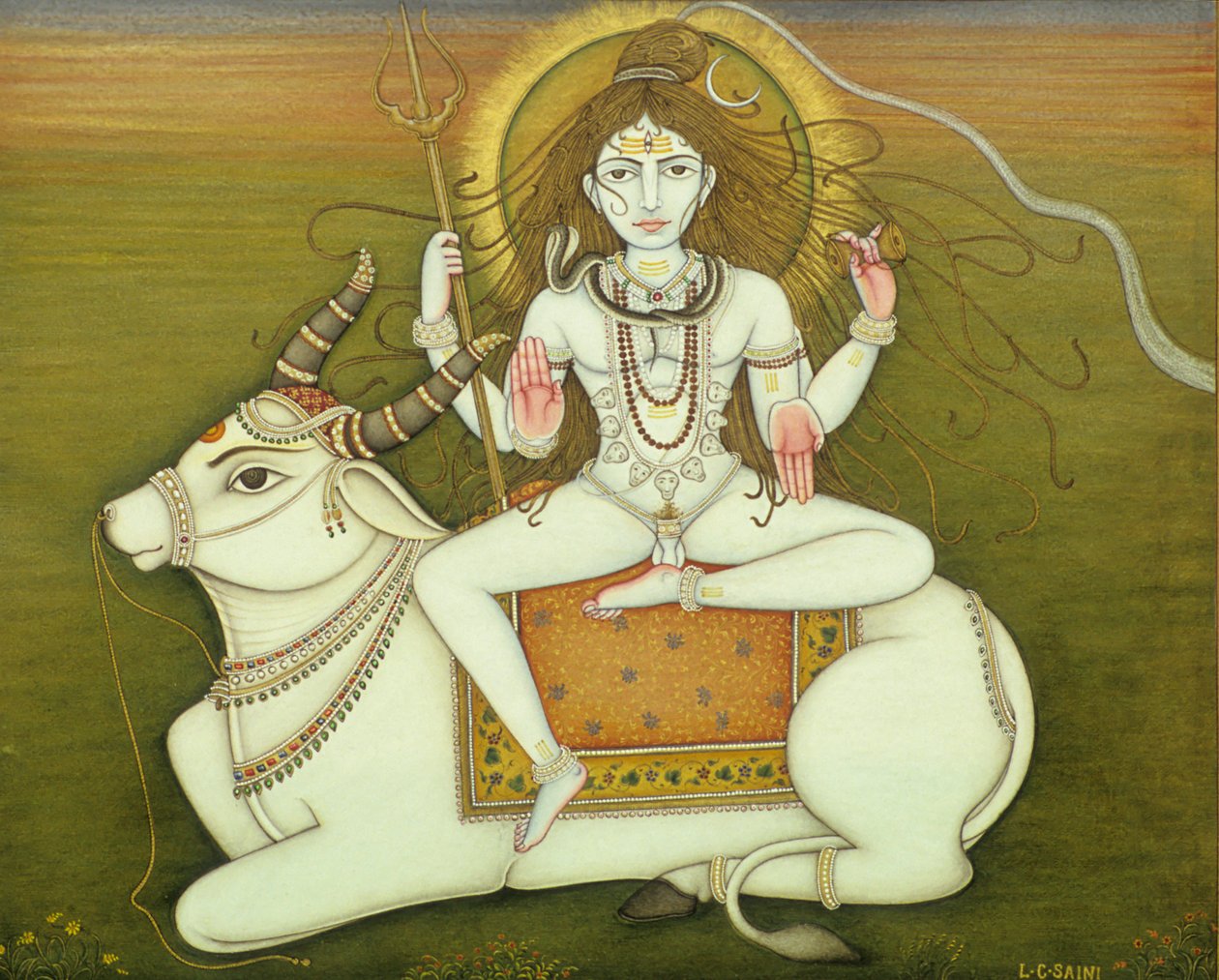 Gud Shiva i nøgen positur, miniaturemaleri på papir af School Indian