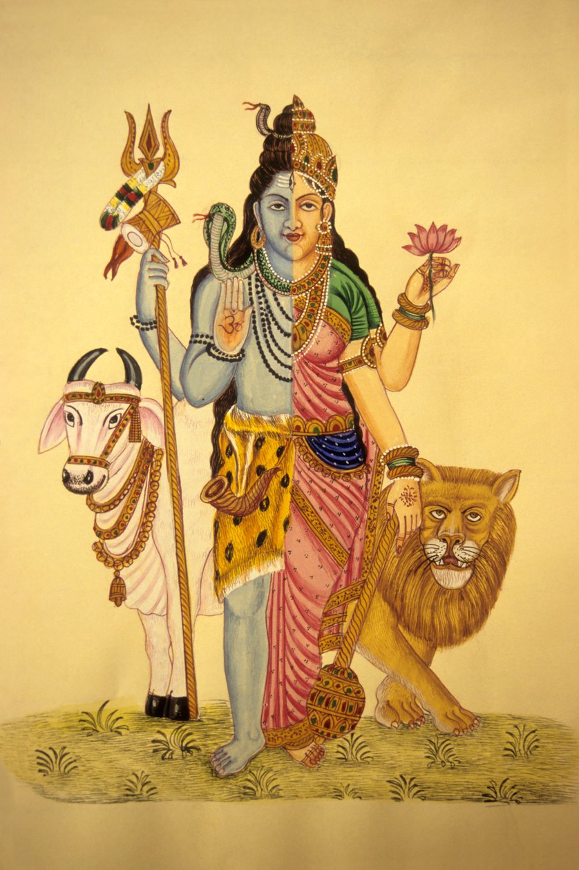 Gud Shiva i Ardnarees Wear Roop, miniaturemaleri på papir af School Indian
