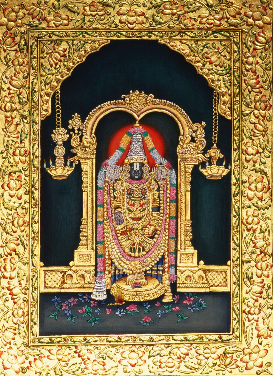 Gud Tirupati Balaji i miniaturepantning på papir med guldprægning af School Indian