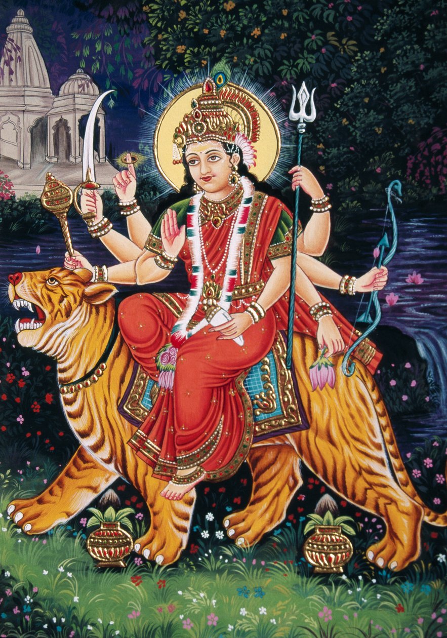 Gudinden Durga Miniaturemaleri på papir med broderi af School Indian