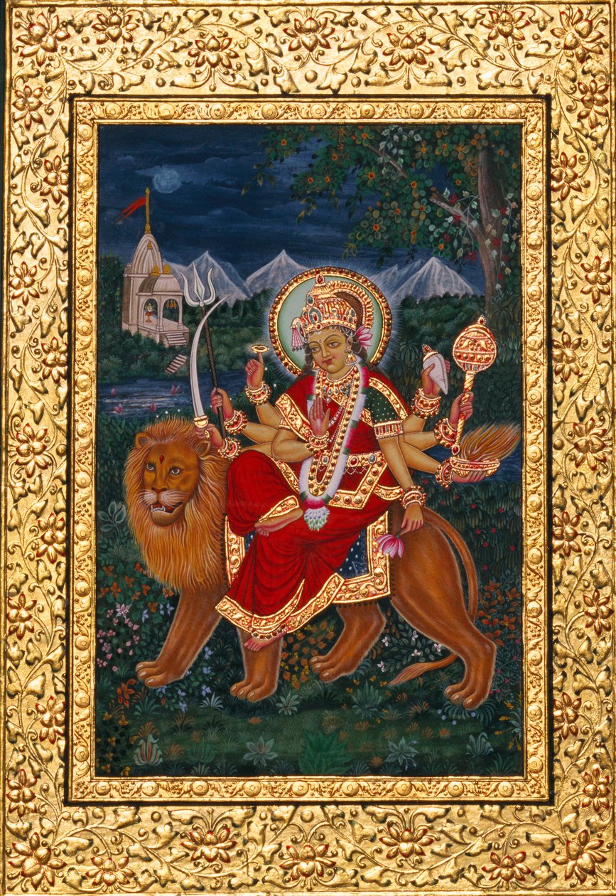 Miniaturemaleri af gudinden Durga med gylden ramme af School Indian