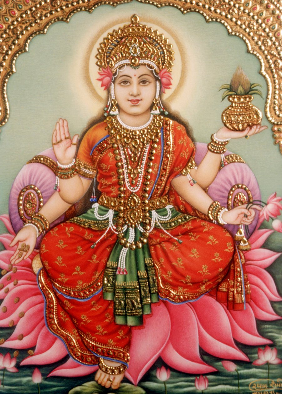 Gudinden Lakshmi Laxmi Miniaturemaleri på elfenben af School Indian