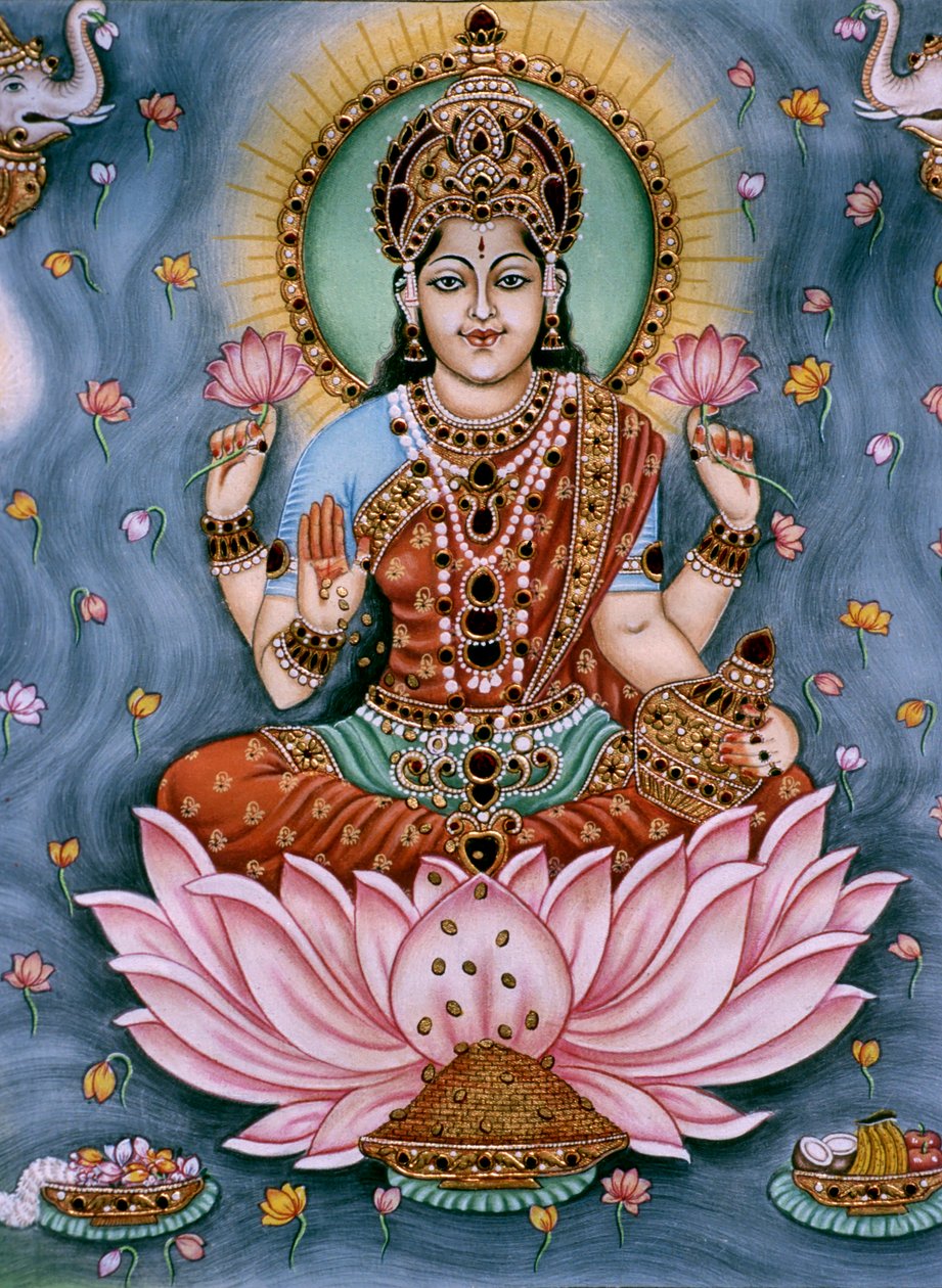 Gudinden Lakshmi Miniaturemaleri på papir af School Indian