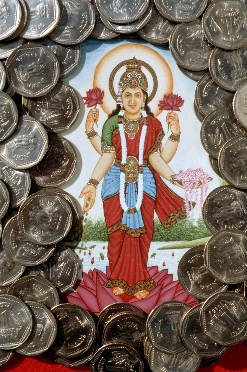 Gudinde Lakshmi og mønter til en rupie af School Indian