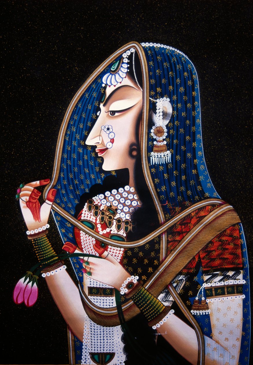 Gudinden Radha Kishamgarh Miniaturemaleri på silke af School Indian