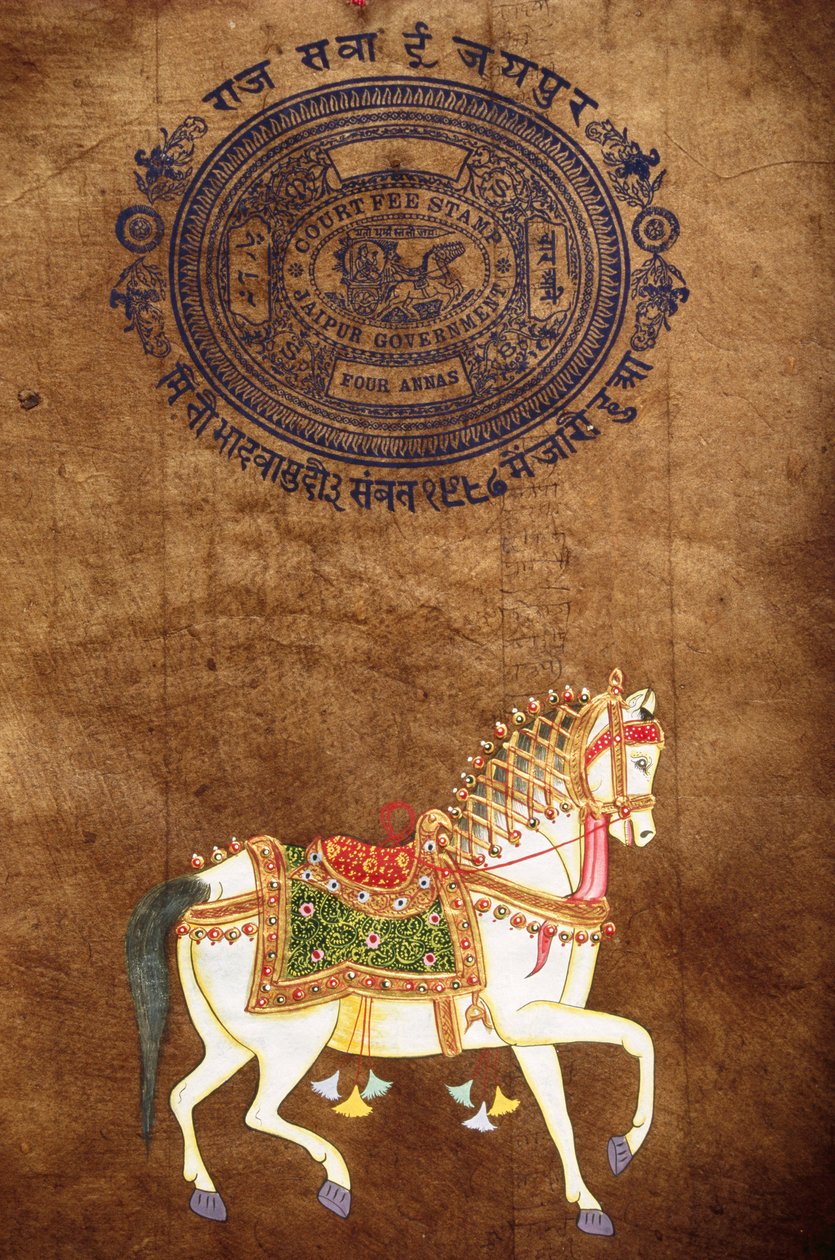 Hest, håndlavet maleri og gammelt frimærkepapir, Jaipur, Rajasthan, Indien af School Indian