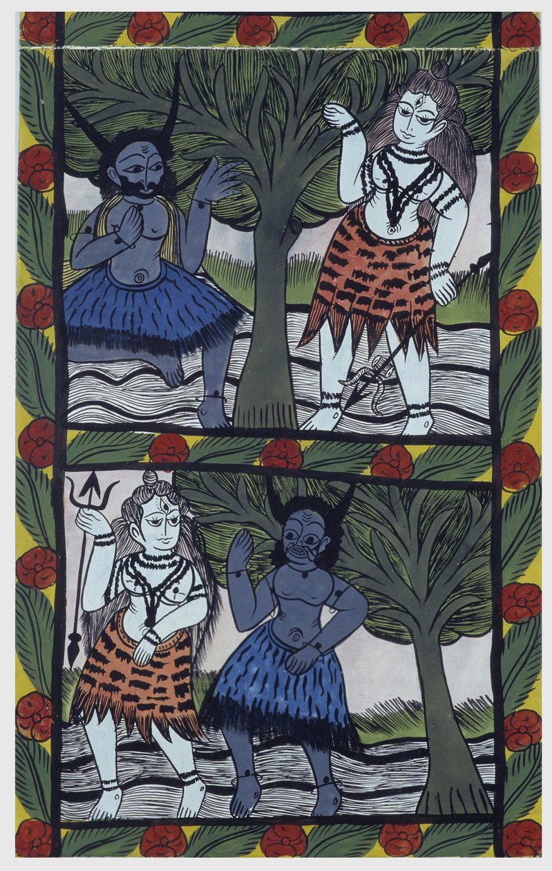 Kama, begærets gud, sender en kærlighedspil til Shiva i meditation for at forene sig med Parvati. Pat: malet rulle fra Bengal-regionen, der tjener som et fortællende medium for sangerne Baoul (Baul). Leonard de Selva privat samling. af School Indian