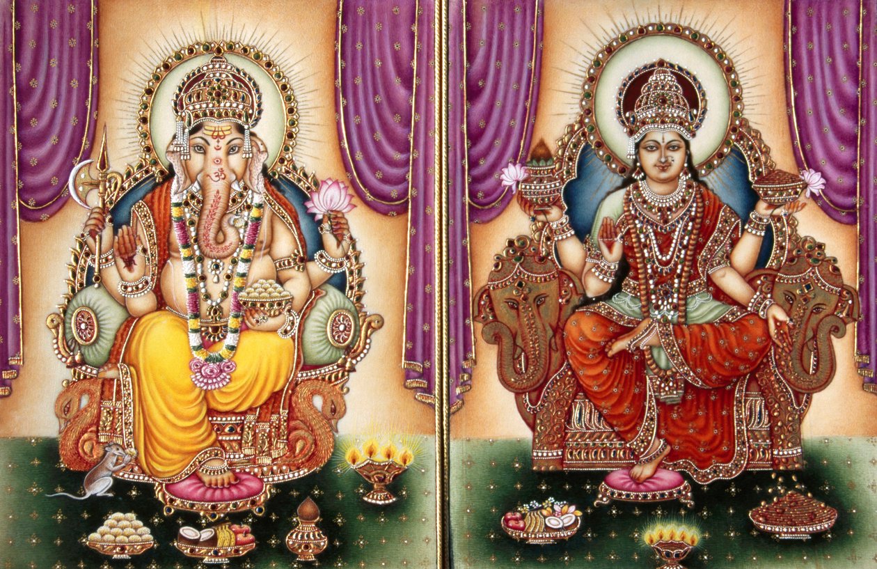 Lord Ganesh Ganpati Gudinde og Lakshmi Miniaturemaleri på elfenben af School Indian