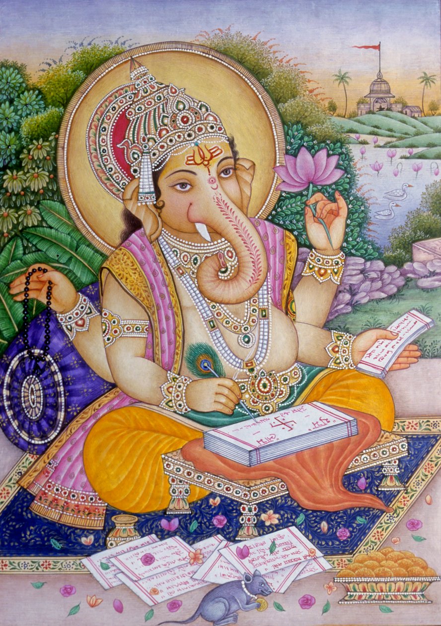 Lord Ganesh Ganpati Miniaturemaleri på papir af School Indian
