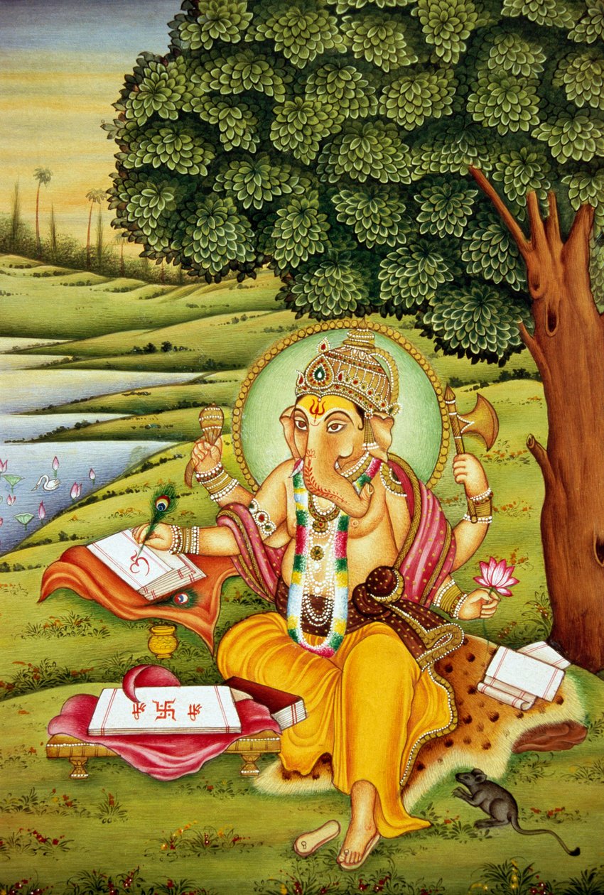 Lord Ganesh Ganpati Miniaturemaleri på papir af School Indian