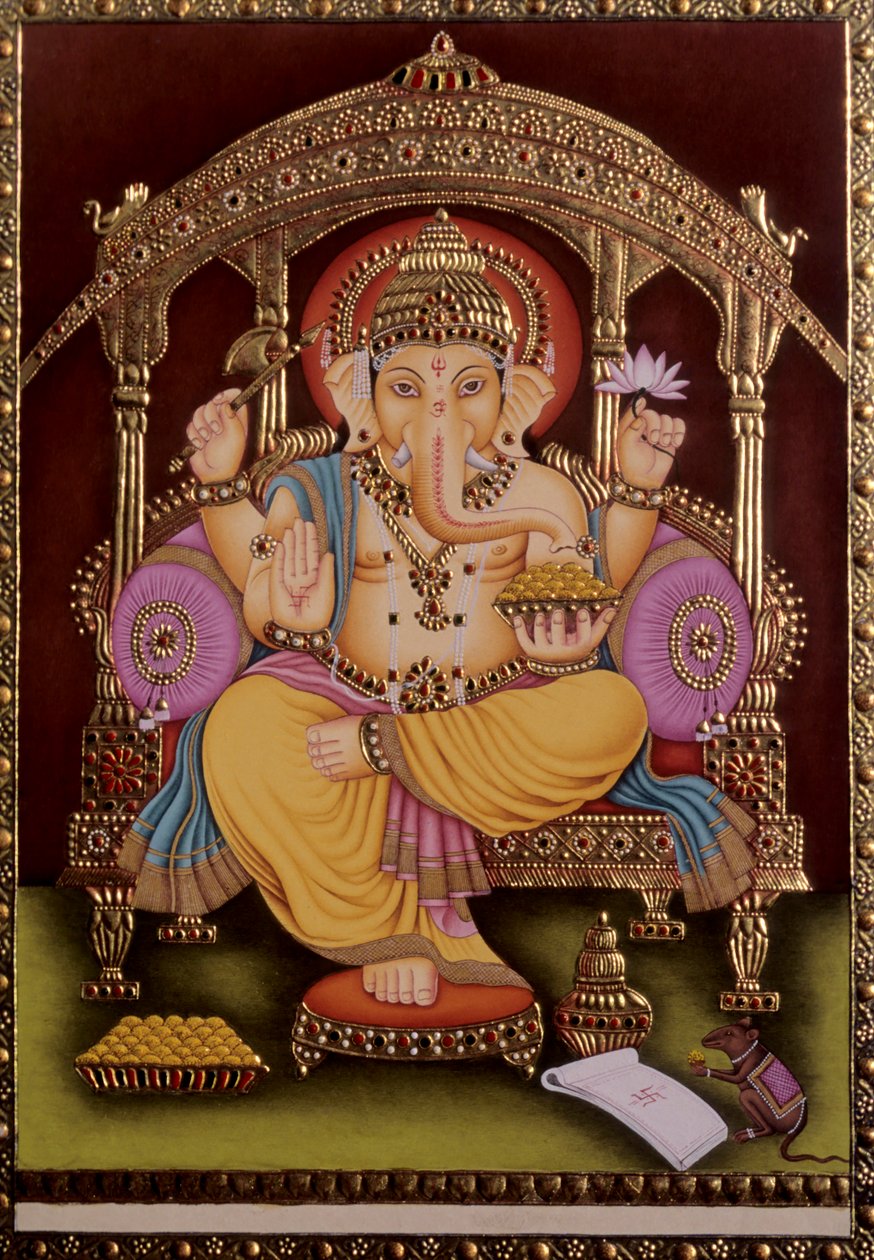 Lord Ganesh Ganpati Miniaturemaleri på papir med guldprægning af School Indian