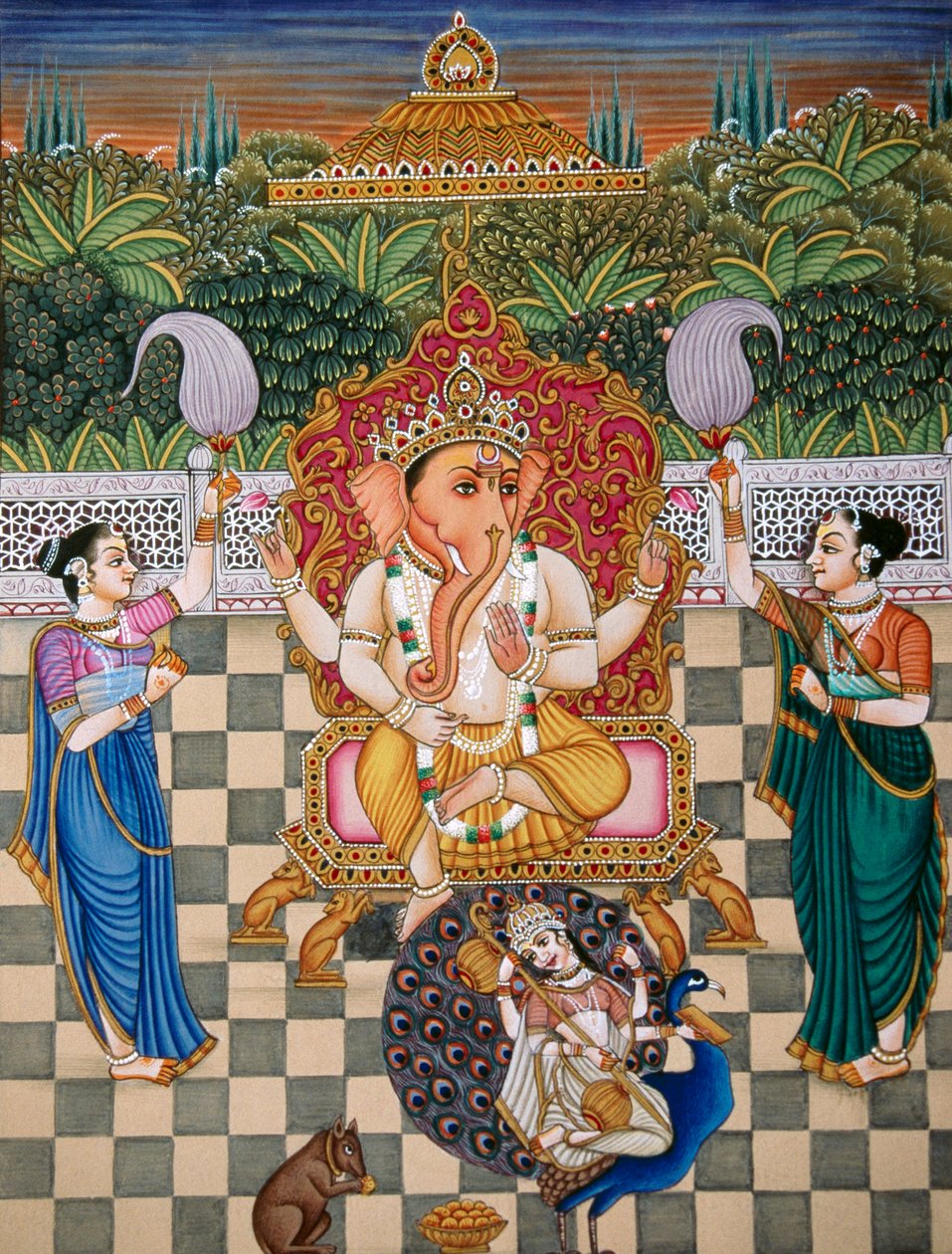 Lord Ganesh Ganpati Riddhi og Siddhi Miniaturemaleri på papir af School Indian