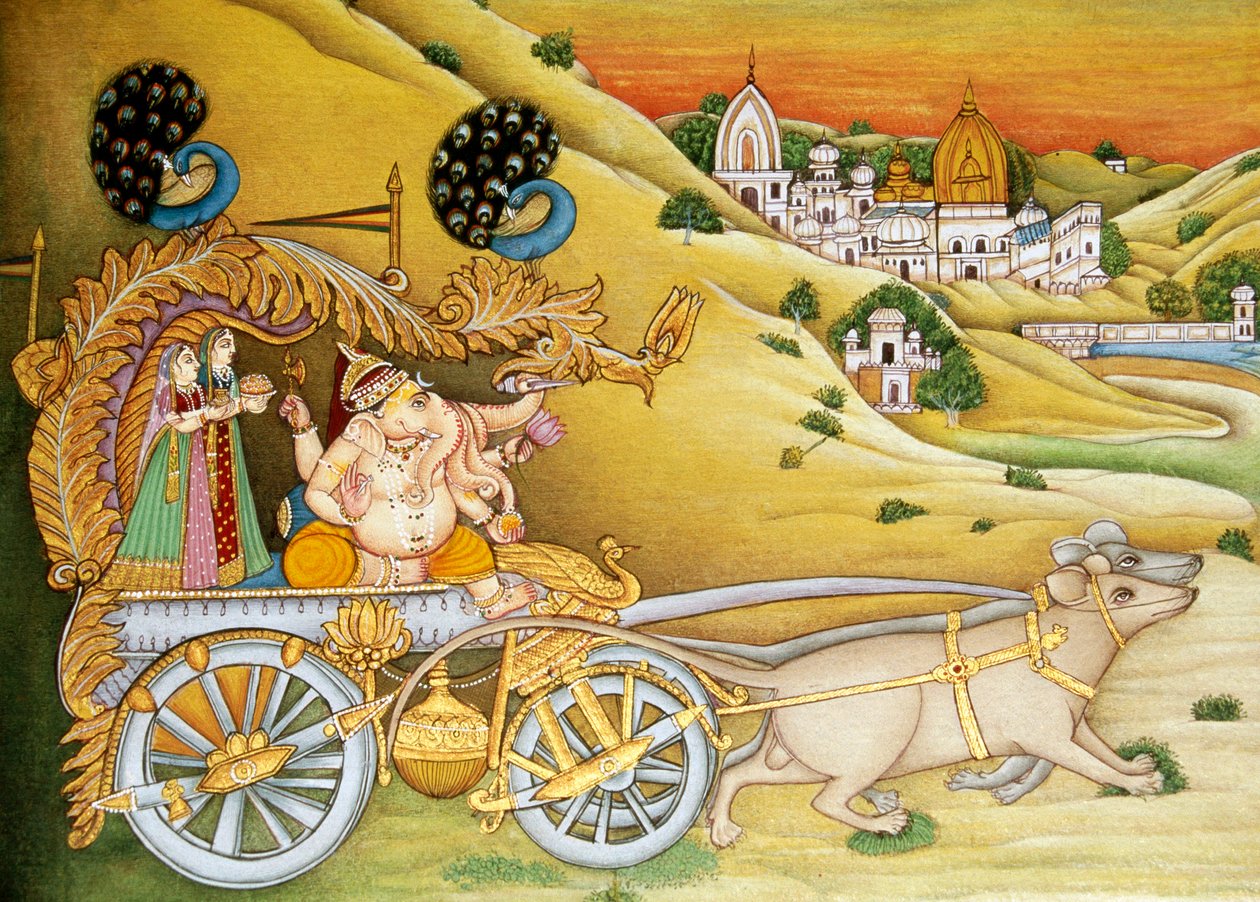 Lord Ganesh Ganpati Riddhi og Siddhi Miniaturemaleri på papir af School Indian