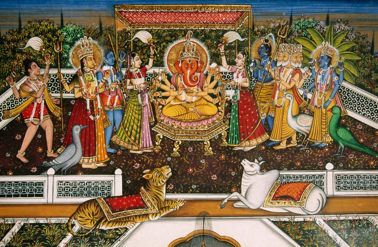 Lord Ganesh Ganpati med Brahma, Vishnu, Shiva, Durga, Miniaturemaleri på papir af School Indian