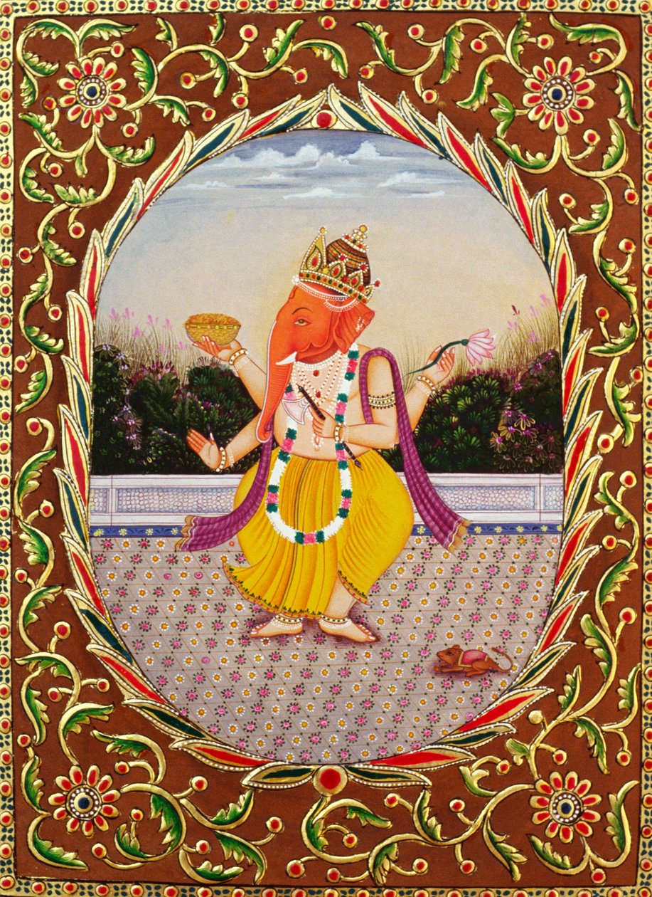 Lord Ganesha Ganpati Miniaturemaleri på papir med broderi af School Indian