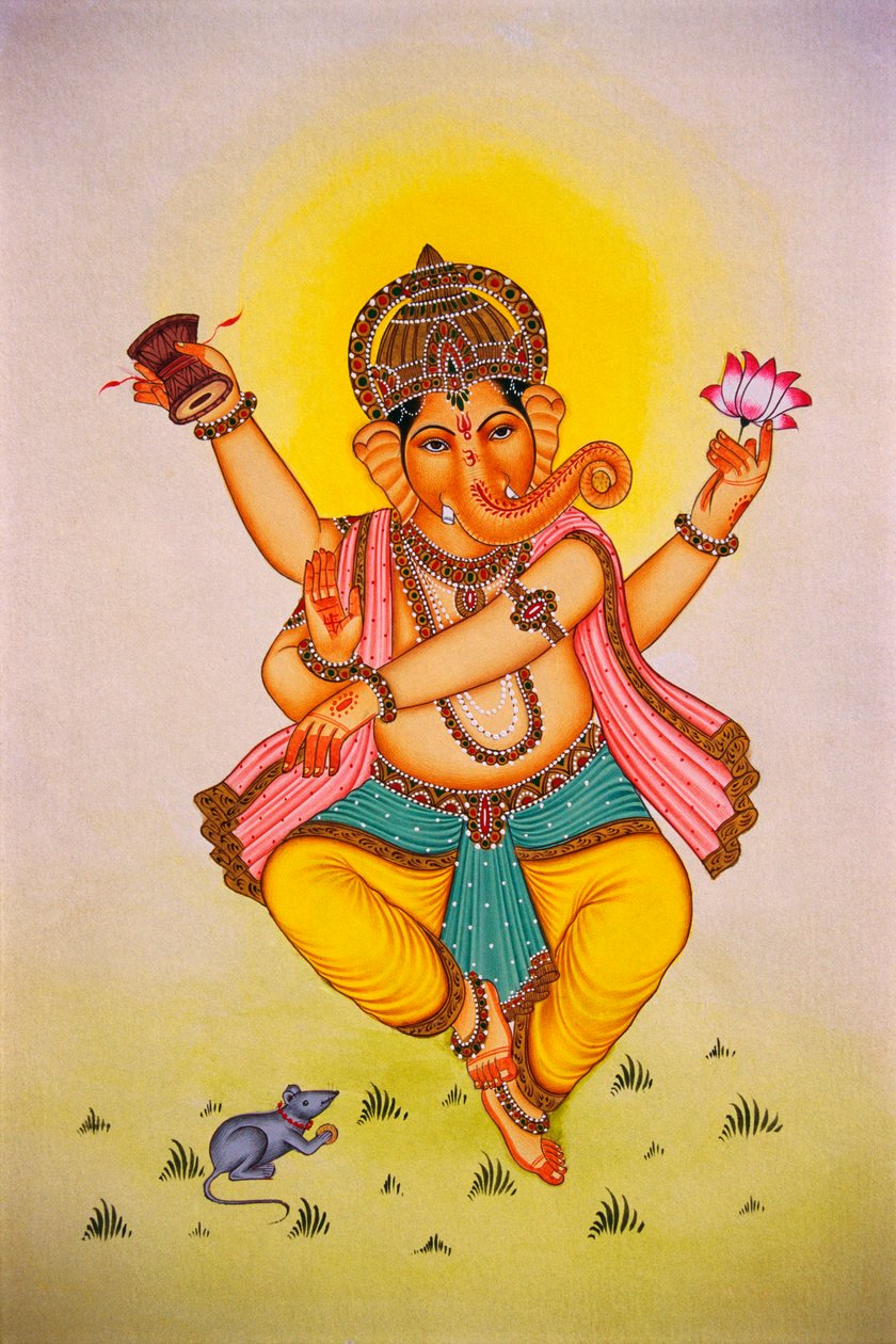 Lord Ganesha Ganpati i dansende humør Miniaturemaleri på papir af School Indian