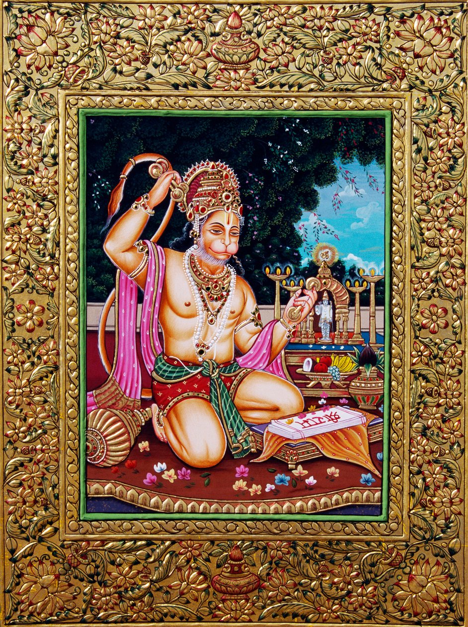 Lord Hanuman Miniature Painting Paper med gylden prægning af School Indian