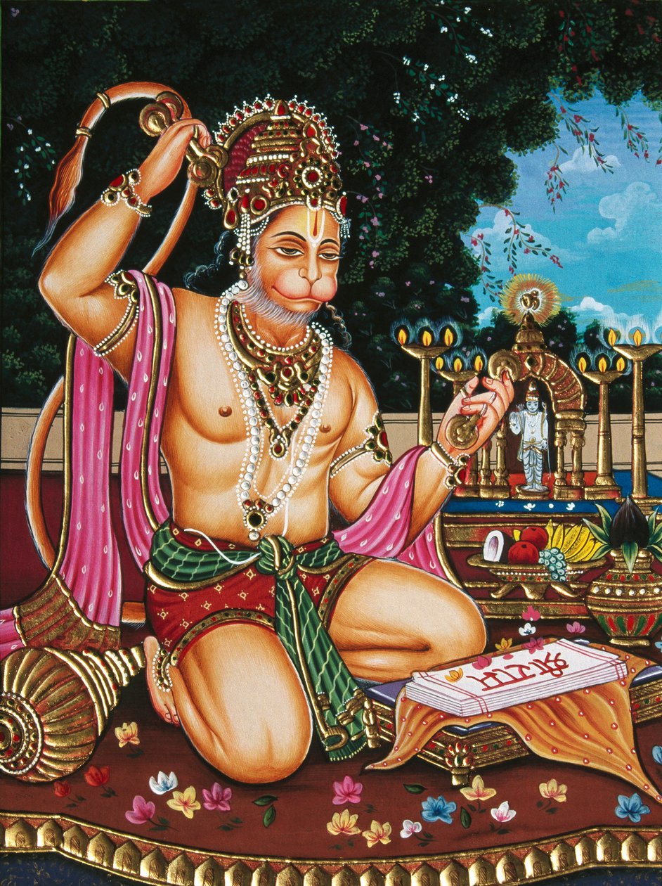 Lord Hanuman Miniaturemaleri på papir af School Indian