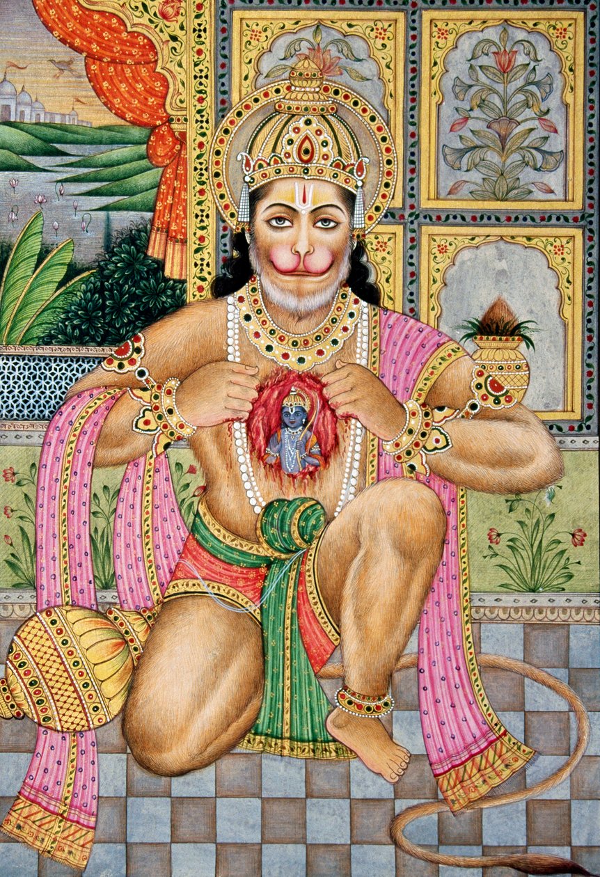 Lord Hanuman Miniaturemaleri på papir af School Indian