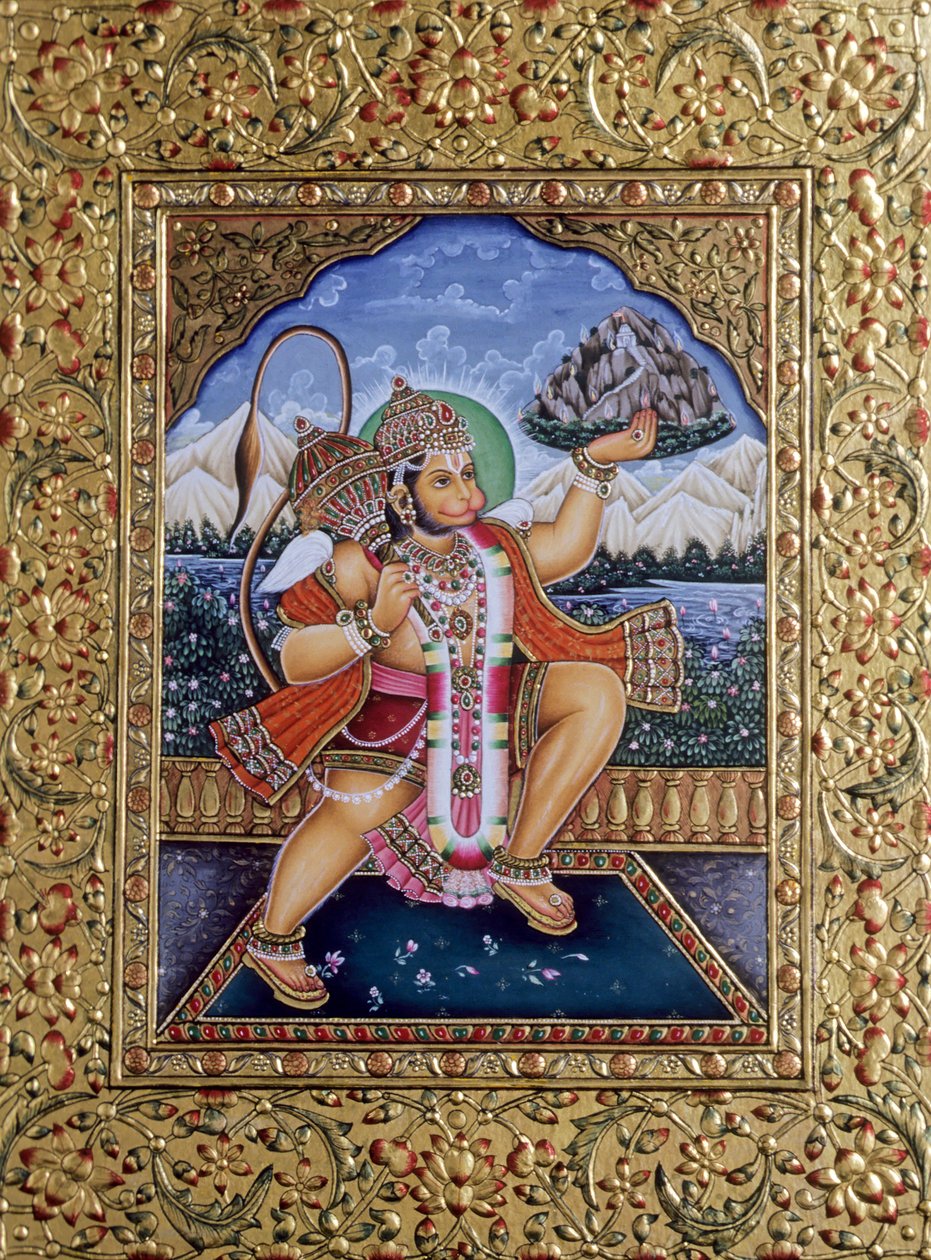 Lord Hanuman Miniaturemaleri på papir med guldbroderi af School Indian