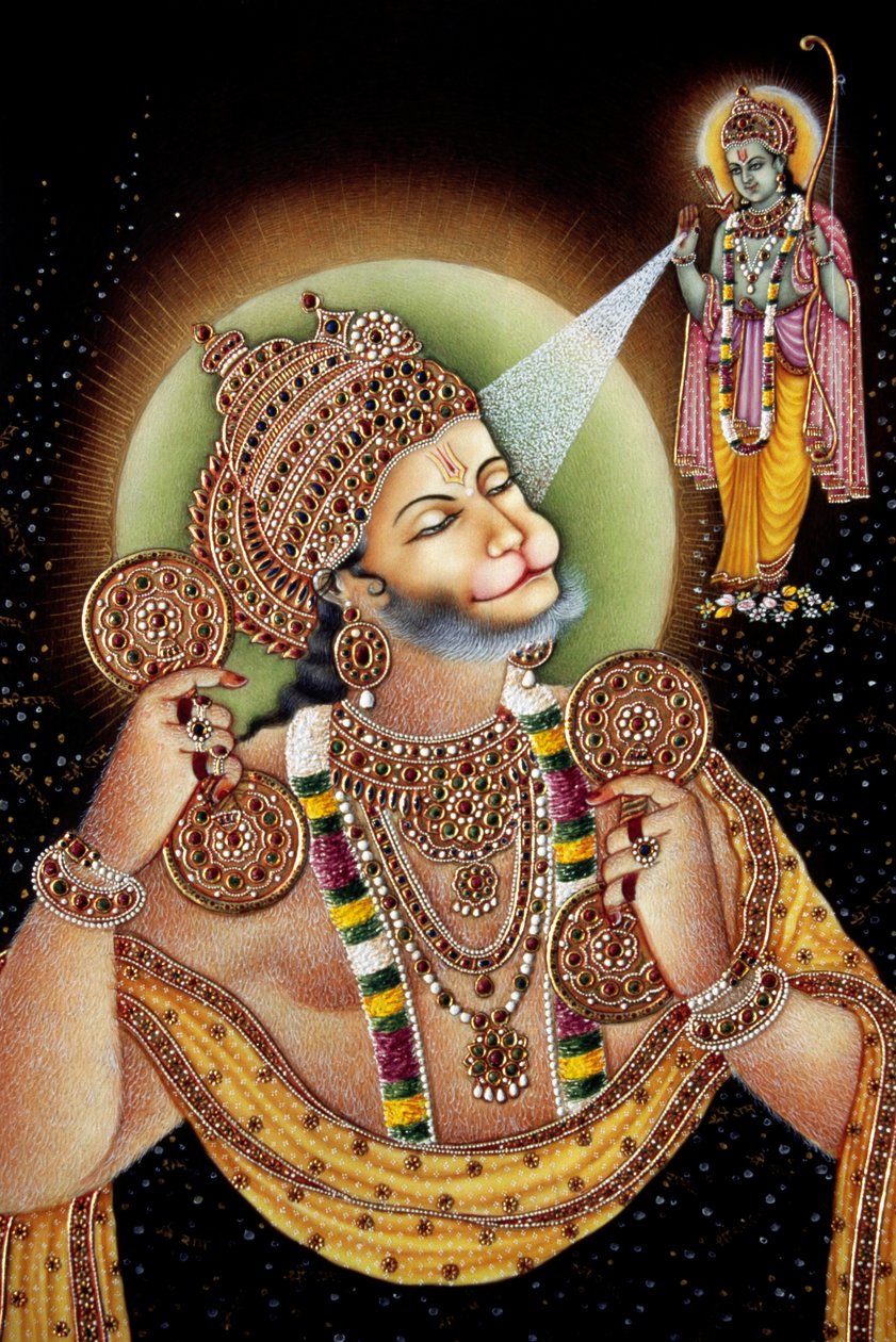 Lord Hanuman og Rama Miniaturemaleri på papir af School Indian