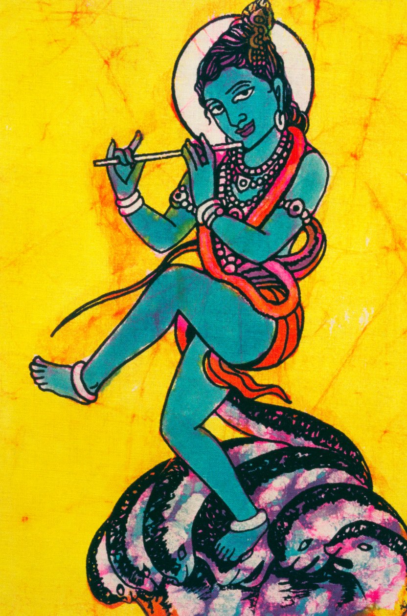 Lord Krishna Kaliya Mardhan Batik-maleri af School Indian