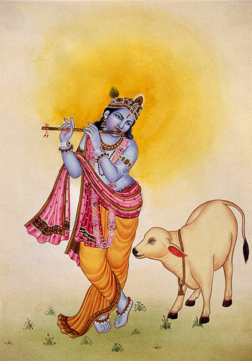 Lord Krishna miniaturemaleri på papir af School Indian