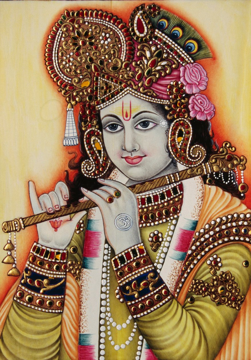 Lord Krishna miniaturemaleri på papir af School Indian