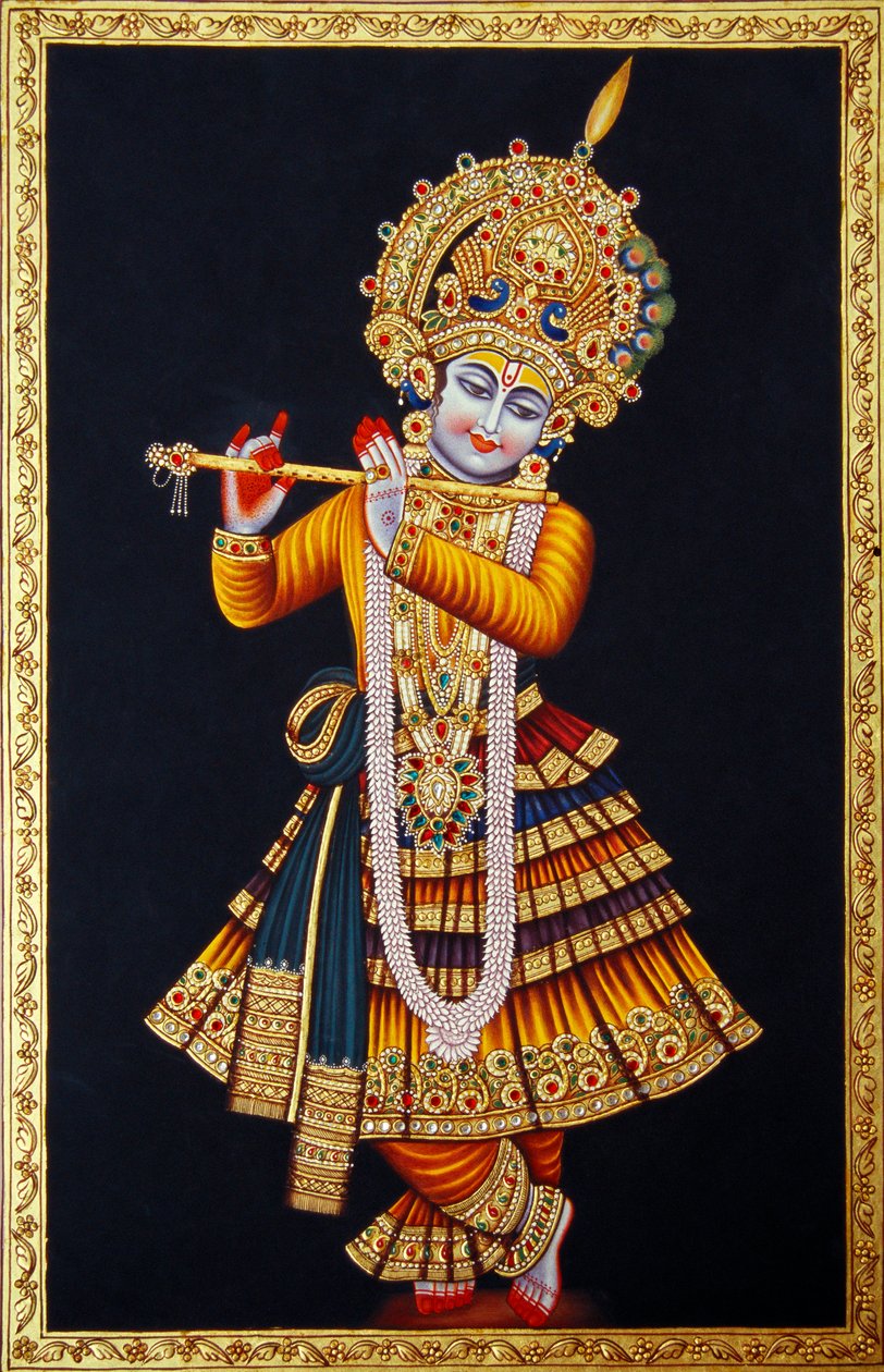 Lord Krishna spiller fløjte Miniaturemaleri på papir af School Indian