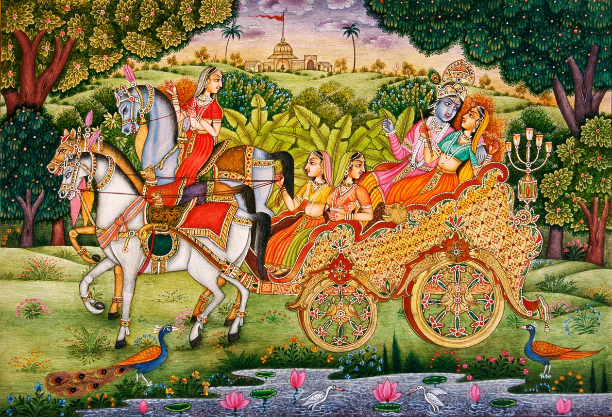 Lord Krishna med Radha Miniaturemaleri på papir af School Indian