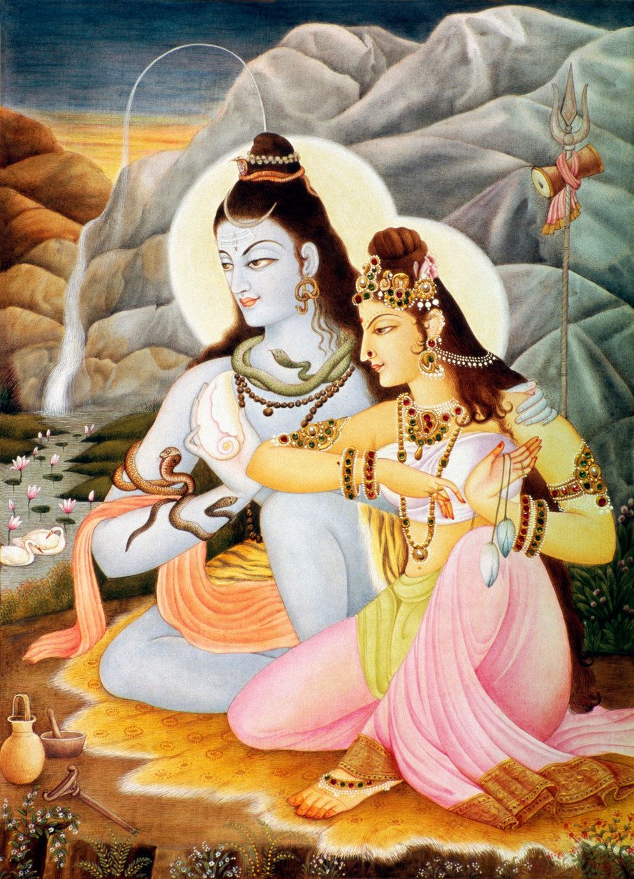 Lord Shiva Shanker Parvati Miniaturemaleri på papir af School Indian