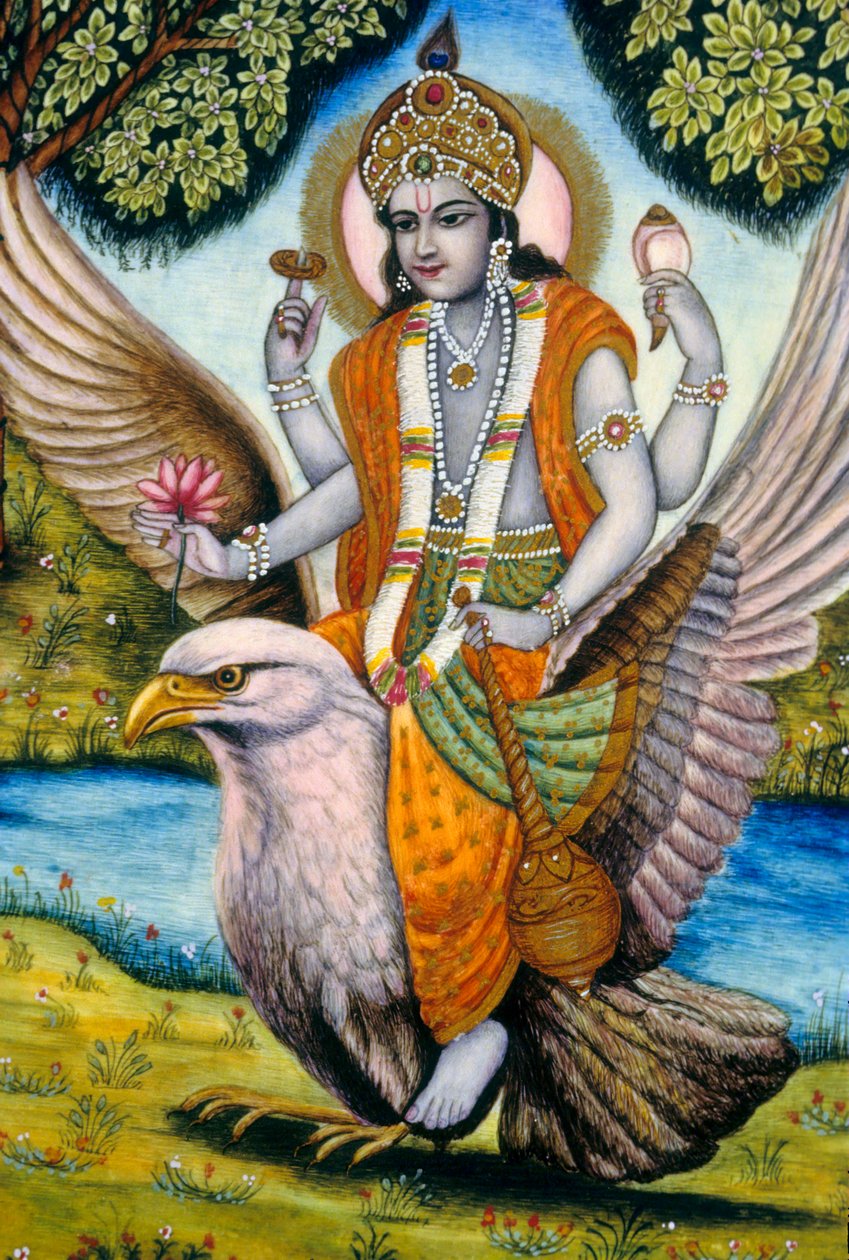 Lord Vishnu sidder på Garuda Indien af School Indian