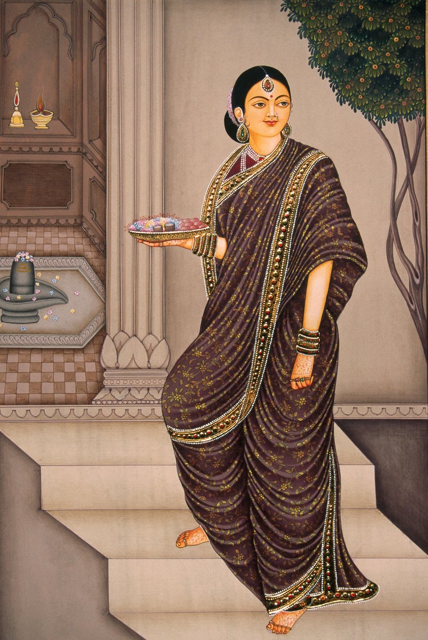 Marathi-dame på vej til tempel Miniaturemaleri på papir af School Indian