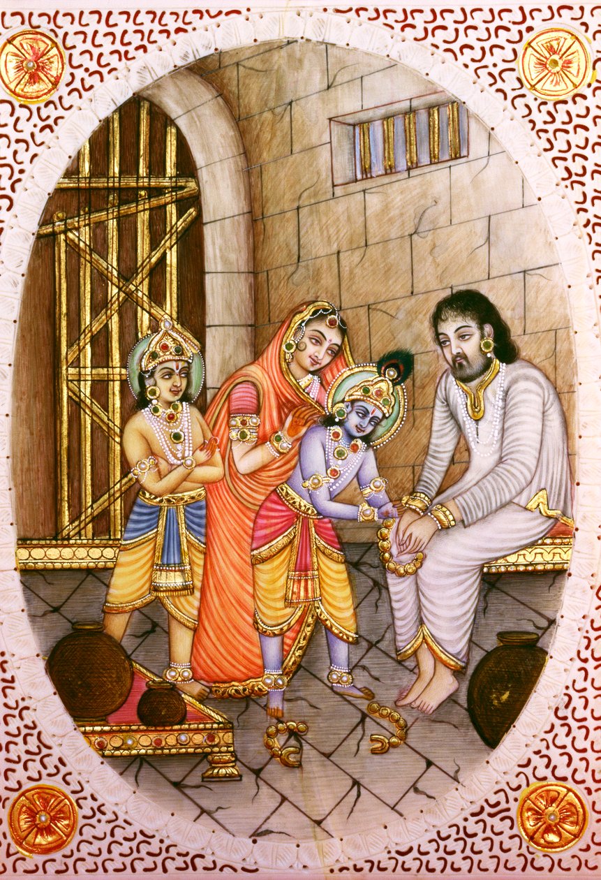 Miniature elfenbensmaleri af Krishna Balram og Devaki Vasudeva af School Indian
