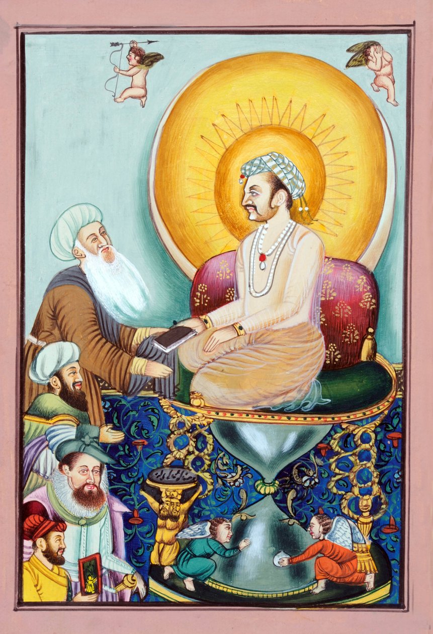 Miniaturemaleri af Abul Fazl, der overrækker Akbar-navnet til mogulkejser Akbar af School Indian