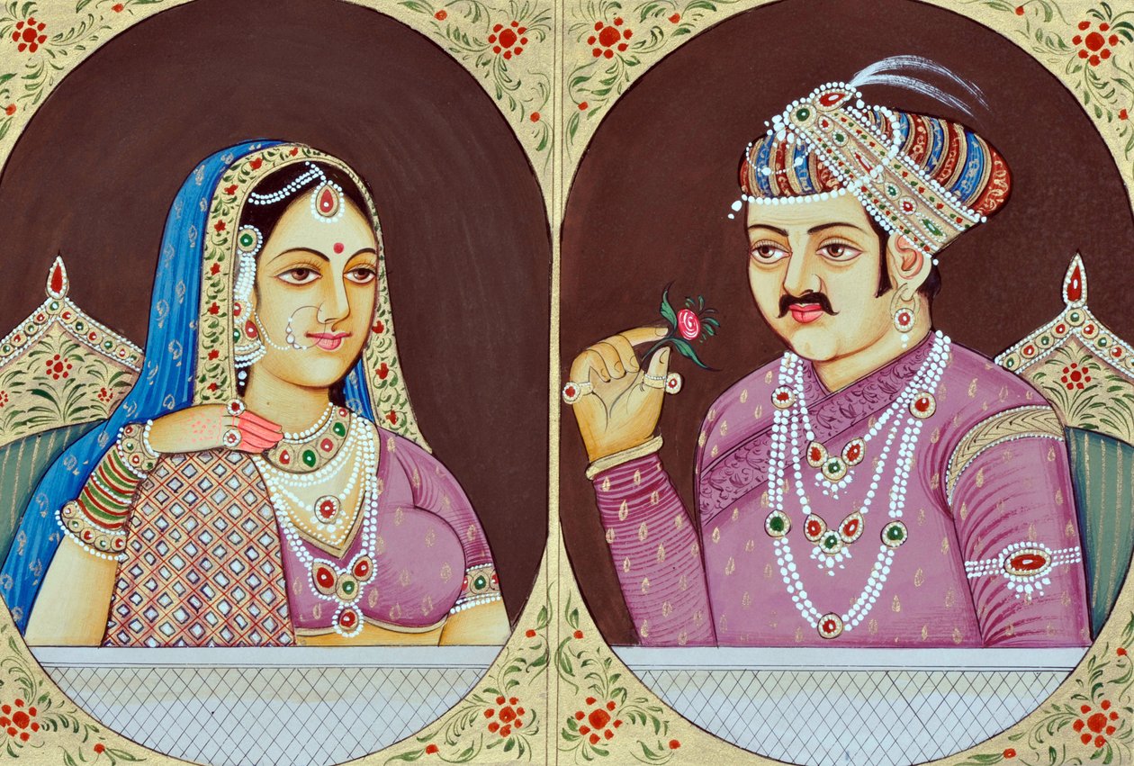 Miniaturemalerier af Akbar og Jodha Bai Indien Asien af School Indian