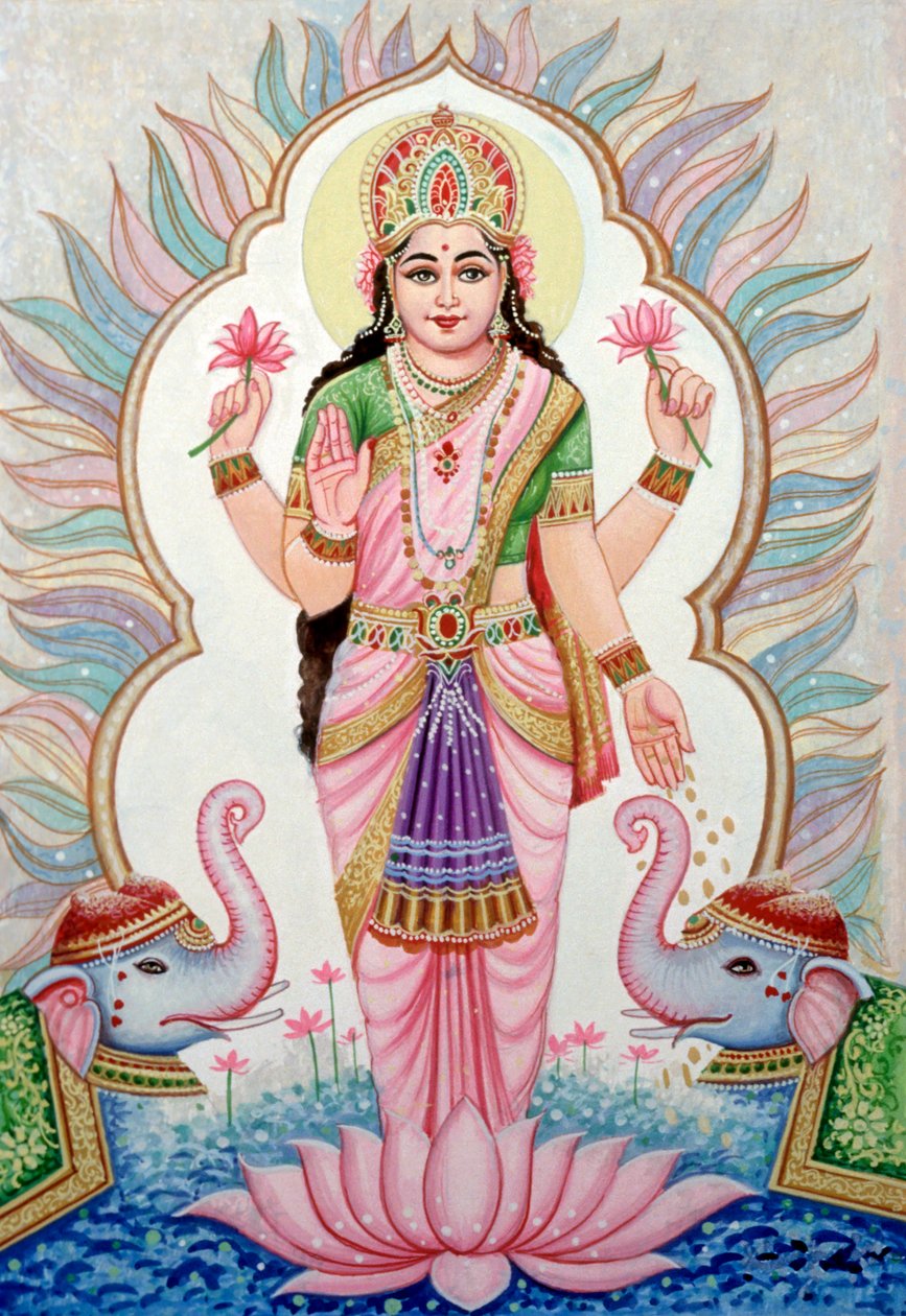 Miniaturemaleri af gudinden Laxmi, Indien af School Indian