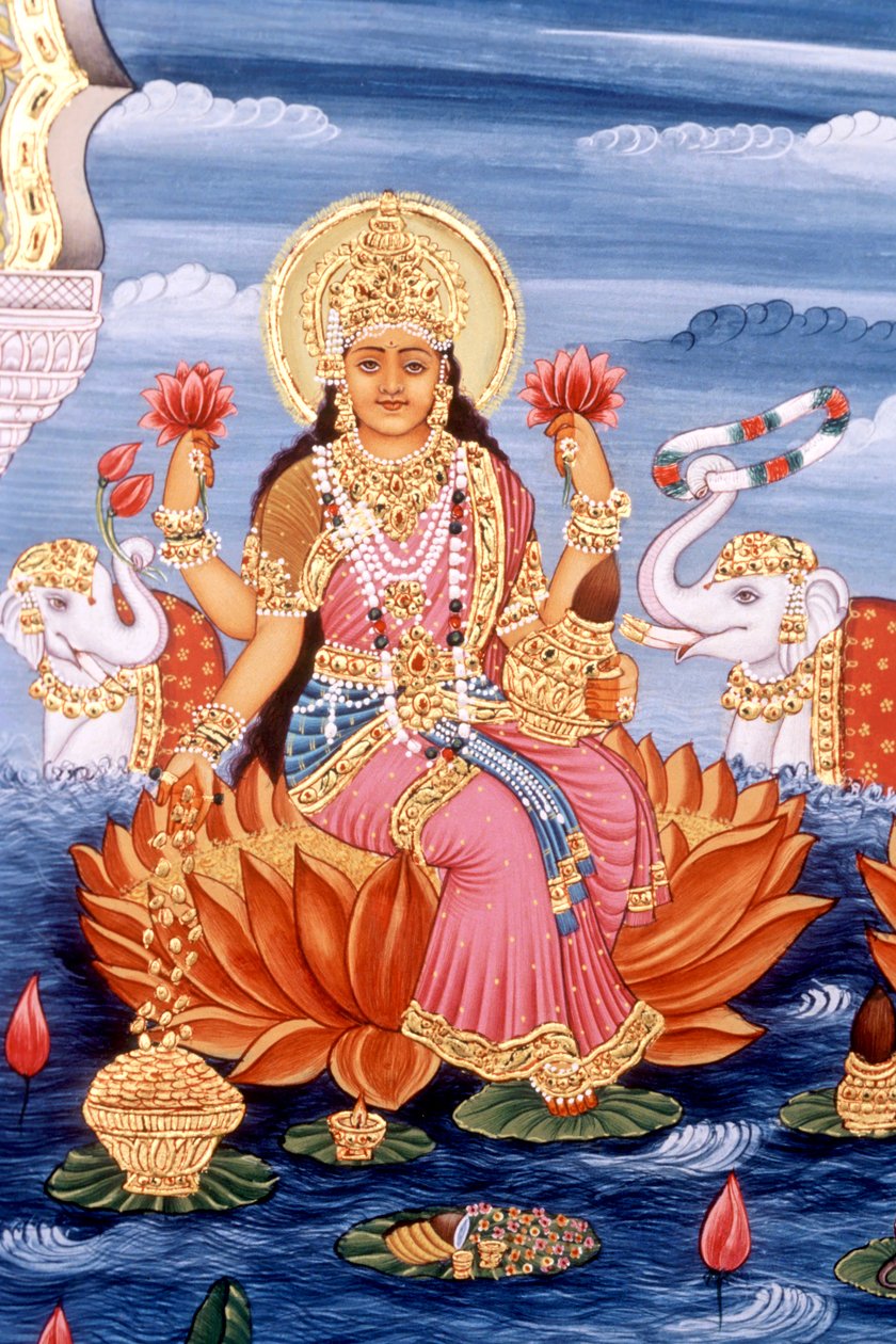 Miniaturemaleri af gudinden Laxmi, Indien af School Indian