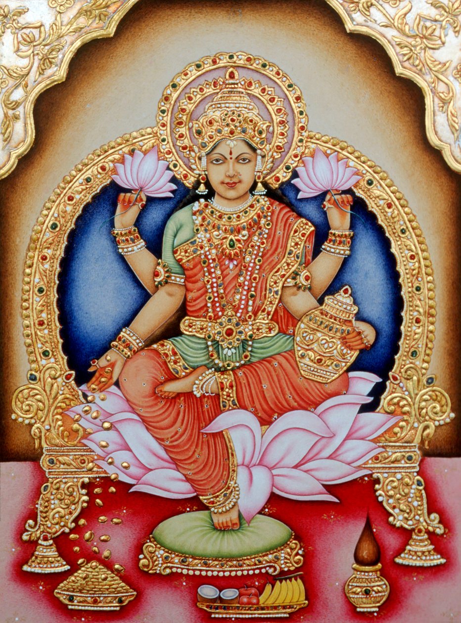 Miniaturemaleri af gudinden Laxmi, Indien af School Indian