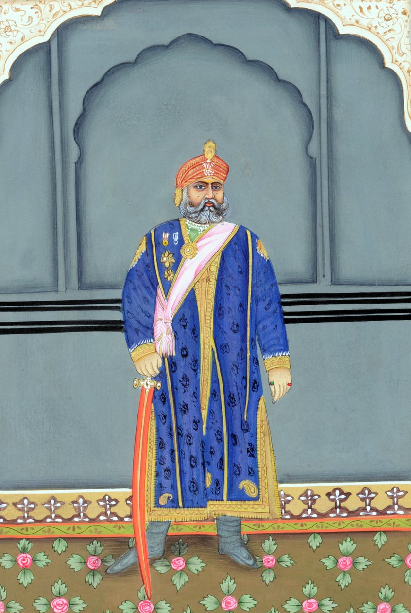 Miniaturemaleri af Maharaja Sawai Madho Singh Second, Jaipur af School Indian
