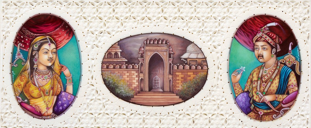 Miniaturemaleri af mogulkejser Akbar med hustruen Jodha Bai af School Indian