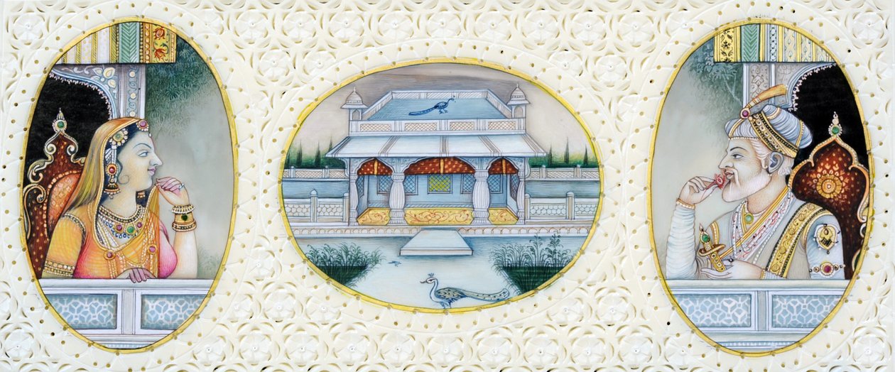 Miniaturemaleri af mogulkejseren Aurangzeb med hustruen Mehrunnisa af School Indian