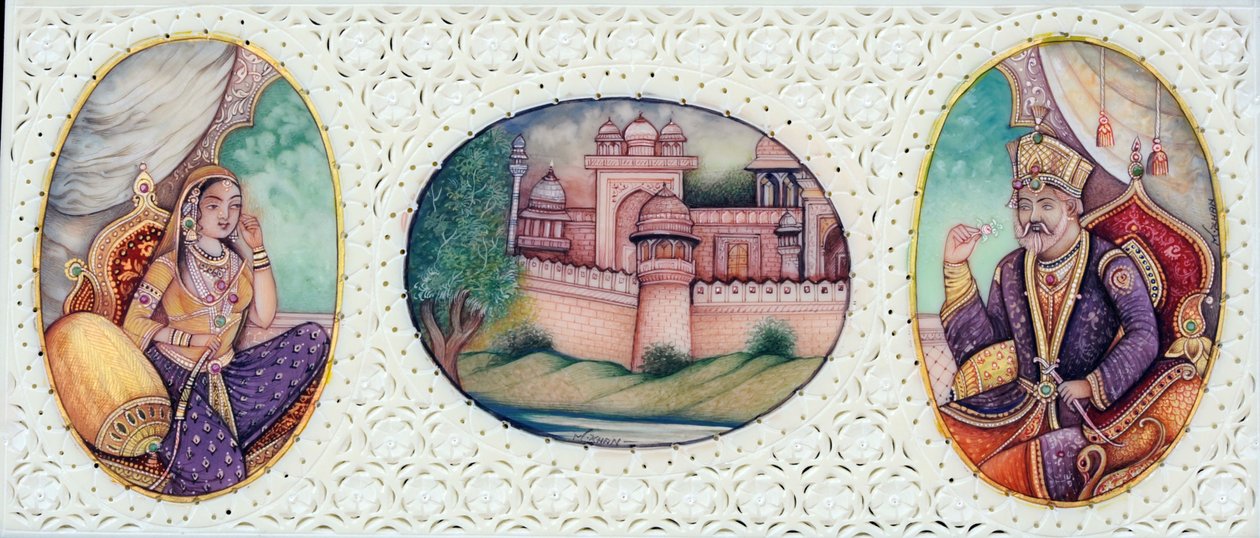 Miniaturemaleri af mogulkejser Bahadur Shah Zafar med hustruen Zeenat Mahal af School Indian