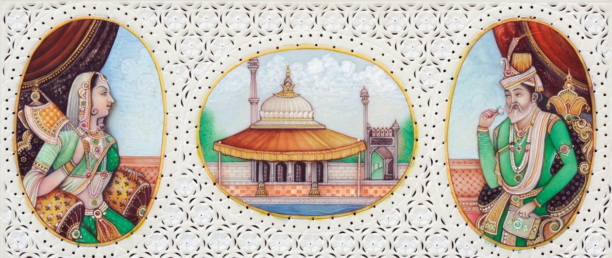 Miniaturemaleri af mogulkejser Humayun med hustruen Jhanvi af School Indian