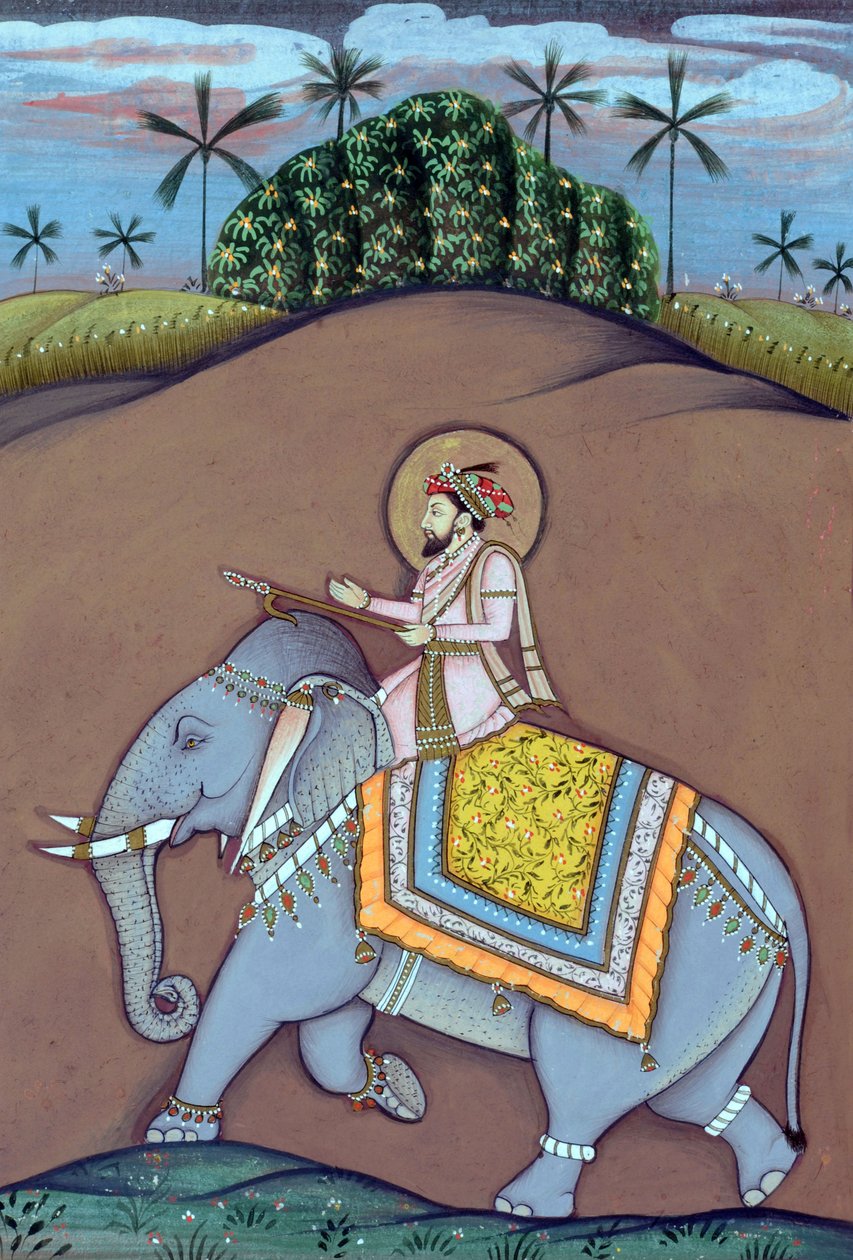 Miniaturemaleri af mogulkejseren Shah Jahan siddende på en elefant af School Indian