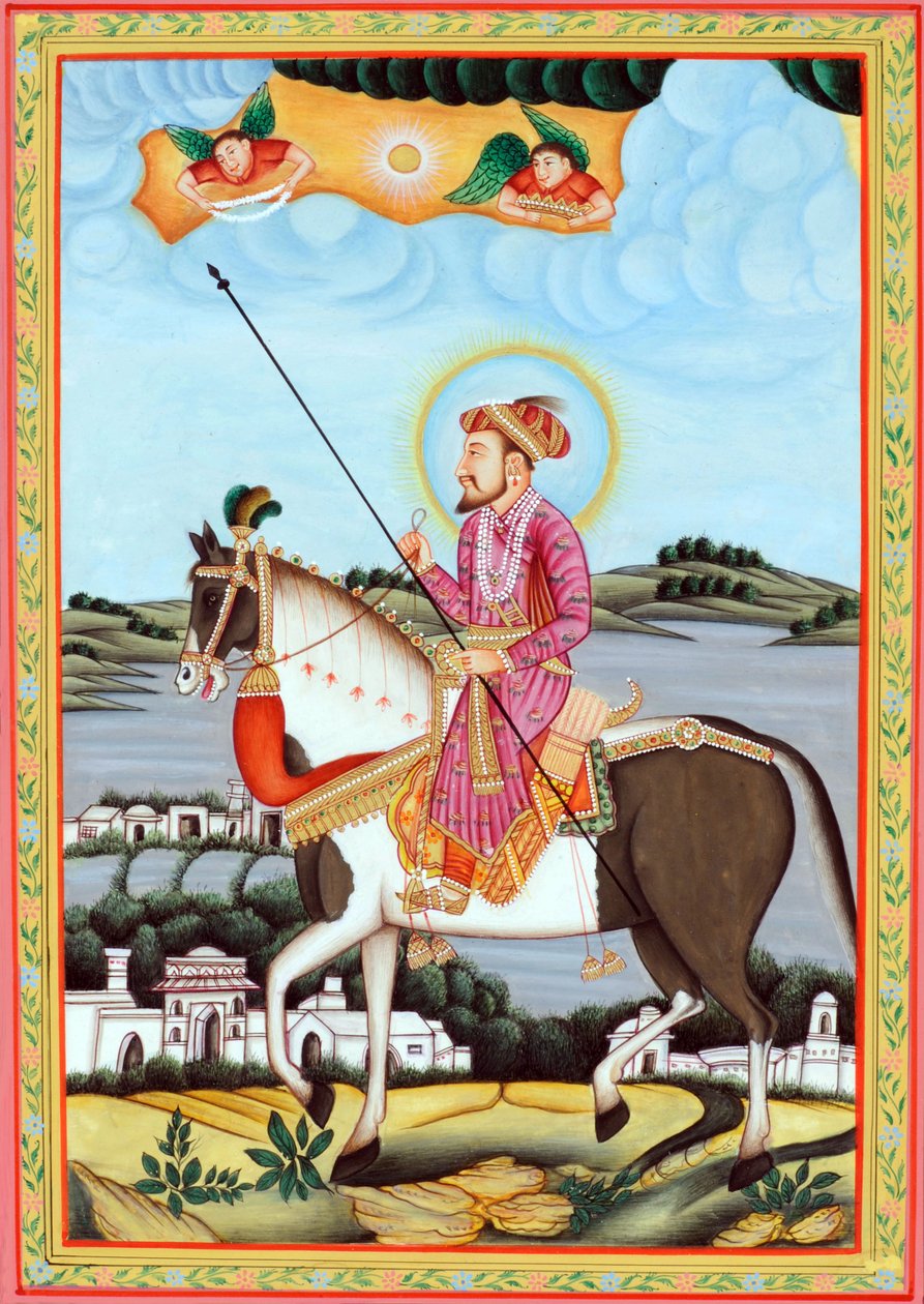 Miniaturemaleri af mogulkejser Shah Jahan siddende på en hest af School Indian